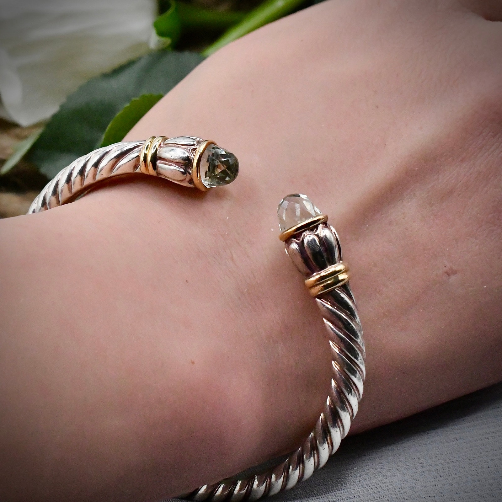 Lorenzo Designer 970 Argentium Silver 18k Yellow Gold Green Quartz Cuff Bracele